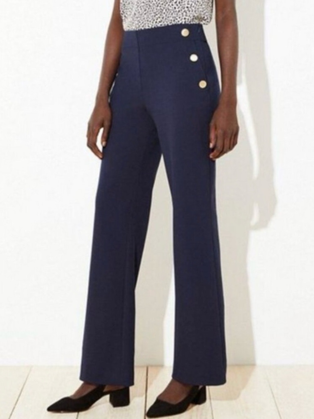 Ann Taylor Loft Navy High-Waist Wide Leg Gold Button Trouser Pants
